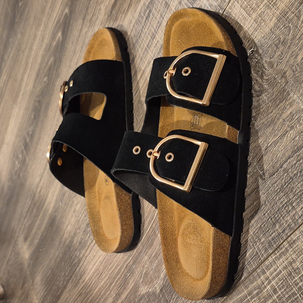 Women Black Sandals with Gold Buckles - Picture 2 of 5